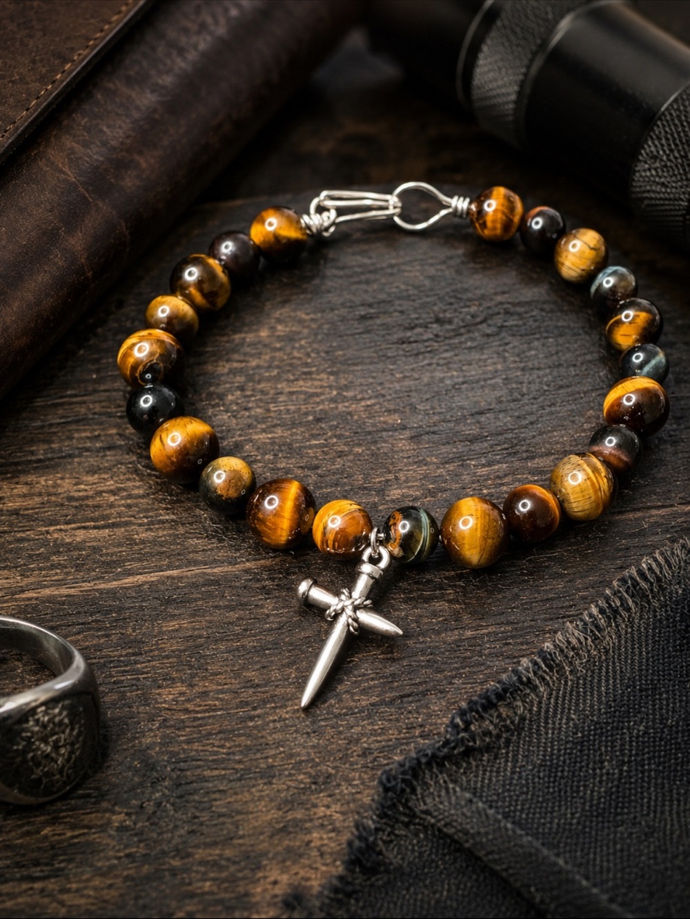 Tiger Eye Beaded Bracelet with Silver Cross Charm